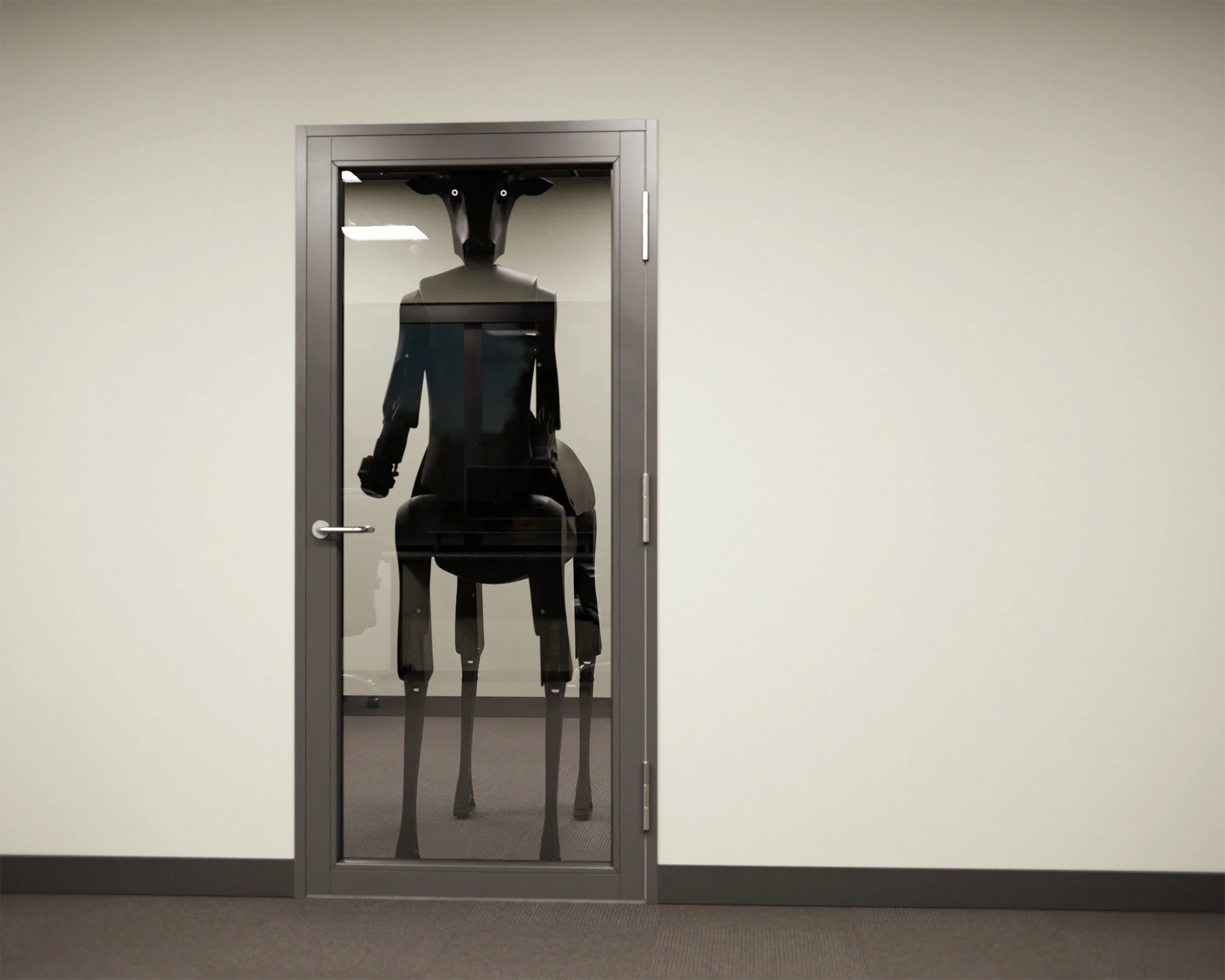 the threehalves robot standing behind a glass door in an office