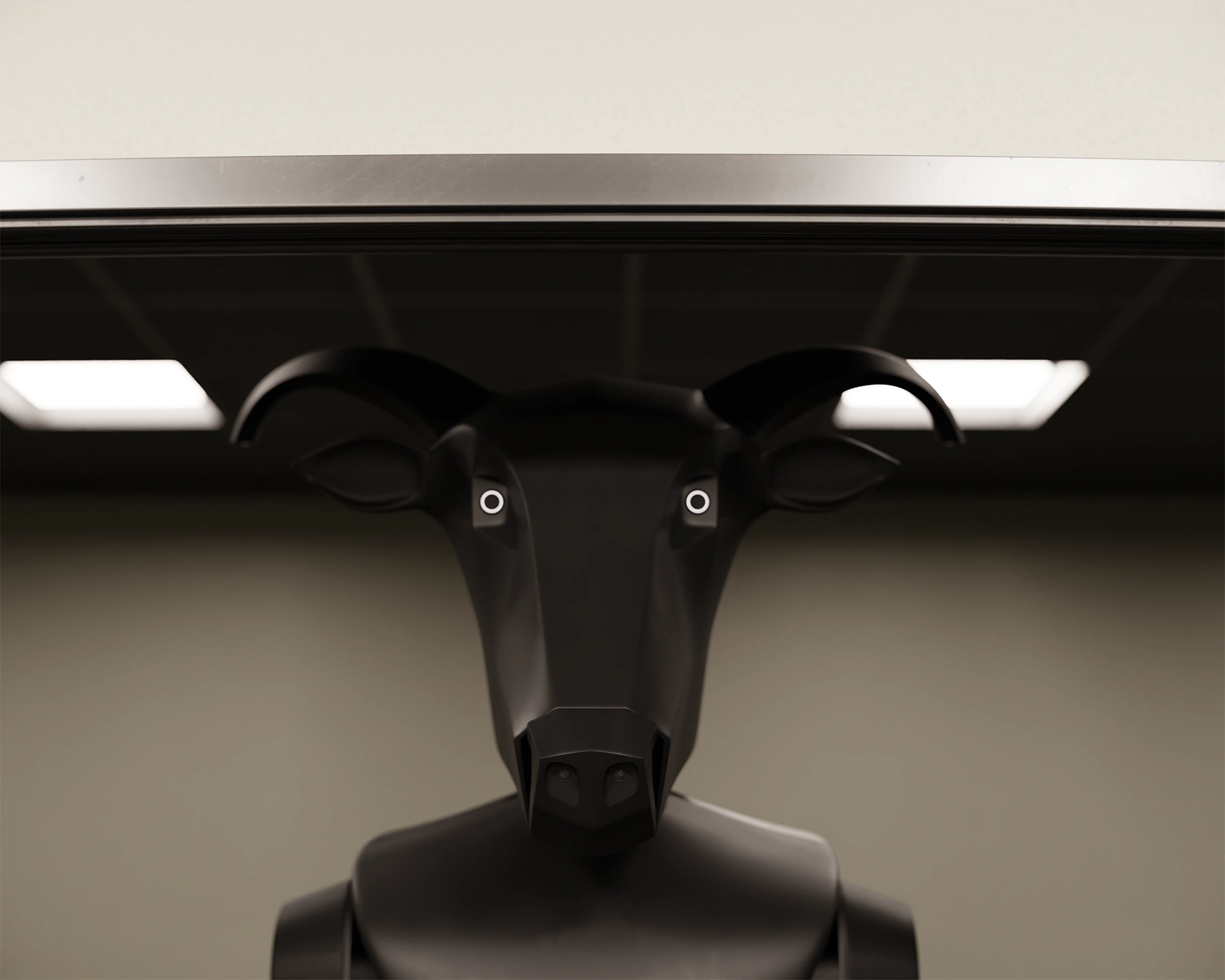 a portrait of the threehalves robot standing in an office doorway